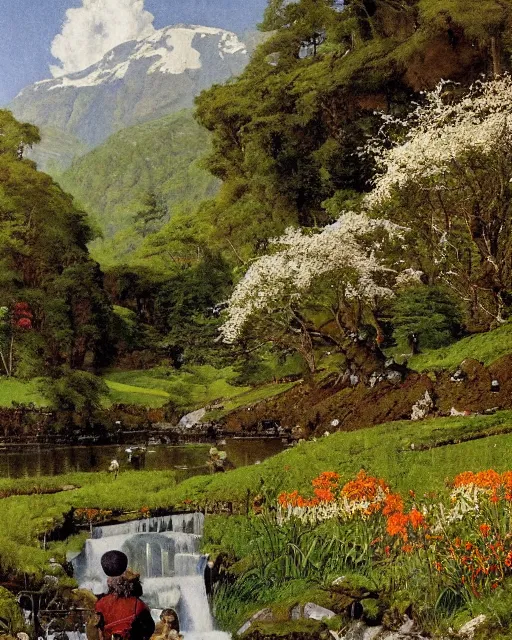 Prompt: detailed painting of a beautiful glen, untouched by humans for years, with a brooding fairy inside it. sunlight beams down on the scene and you can tell it is spring from the flowers. perhaps a party of adventurers or a lone traveler is entering the scene from the a path. by norman rockwell