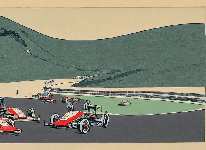 Image similar to ukiyo - e painting of formula 1 cars at circuit de spa - francorchamps