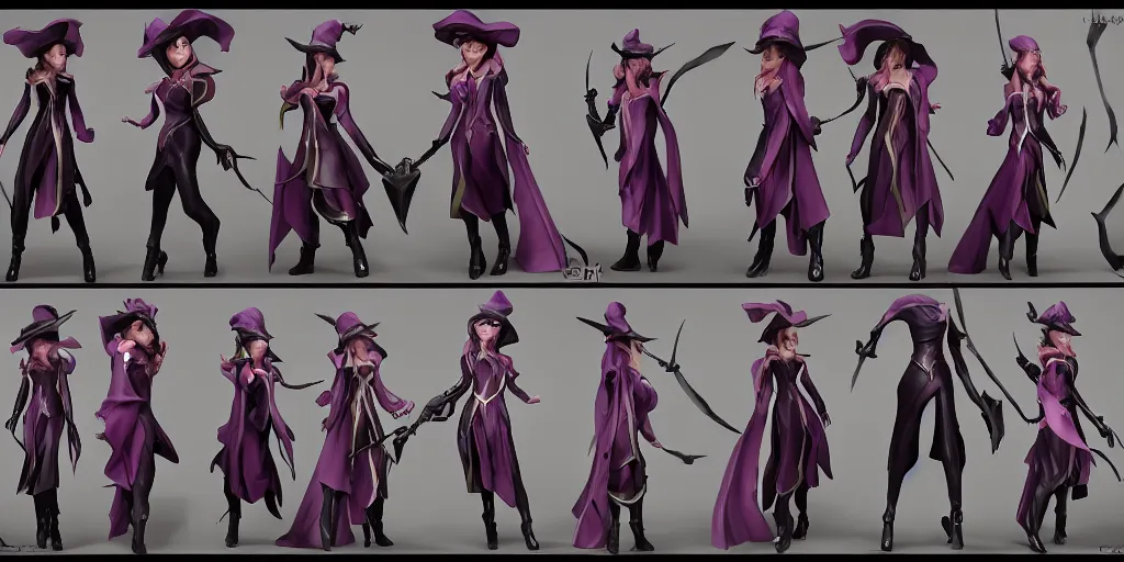 Image similar to Character sheet of prestige coven leblanc (League of Legends). 3d render, octane render, game art, realistic, highly detailed, trending on artstation, 4k, trending on artstation, pixar, cgsociety, unreal engine 5, redshift render, trending on artstation, blender, behance, cg