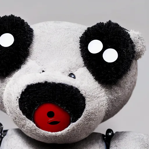 Image similar to robot black teddy bear with red eyes, face close up, realistic, highly detailed, studio photo, dark lighting