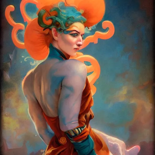 Image similar to beautiful fantasy character portrait of a hero in the 1 9 2 0 s, wearing 1 9 2 0 s cloth hair, coloured in teal and orange, muted colours, by peter mohrbacher, hajime sorayama, wayne barlowe, boris vallejo, aaron horkey, gaston bussiere, craig mullins