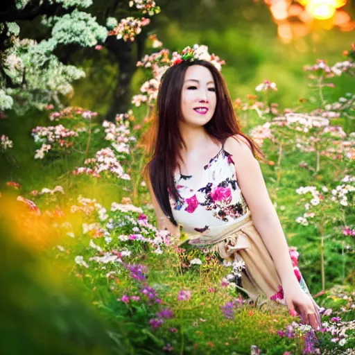 Image similar to buxom brunette beauty, dreamy, hazy, in an arboretum, dressed in flowers, smiling at the camera, sunset, macro, directed by a japanese studio
