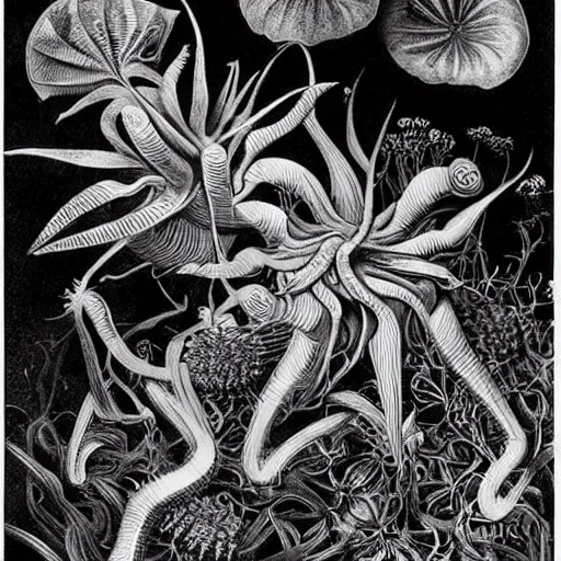 Image similar to technicolor venus flytrap, by Ernst Haeckel, by M.C. Escher, beautiful, eerie, surreal, colorful