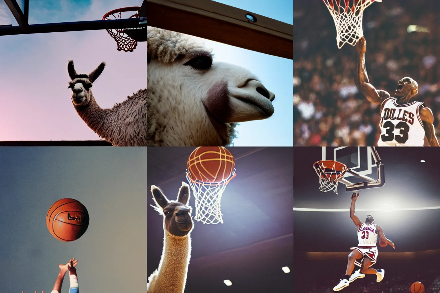 Image similar to film still of a llama in a jersey dunking a basketball like michael jordan, low angle, show from below, tilted frame, 3 5 °, dutch angle, extreme long shot, high detail, indoors, dramatic backlighting