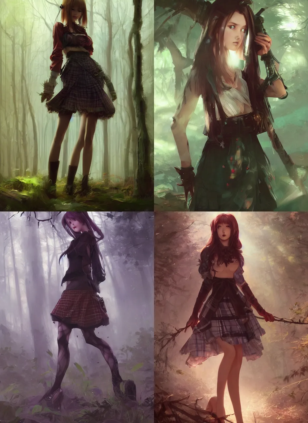 Prompt: beautiful woman in plaid miniskirt standing in a dark forest, rpg character art, by yoshitaka amano, by wenjun lin, by jeremy lipking, by greg rutkowski, digital drawing, gorgeous face, octane render, trending on artstation