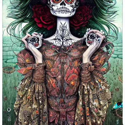 Image similar to beautiful portrait painted in jacek yerka and aykut aydogdu style drawn by vania zouravliov and takato yamamoto, inspired by dia de los muertos, intricate acrylic gouache painting, high detail, sharp high detail, artstation, manga and anime