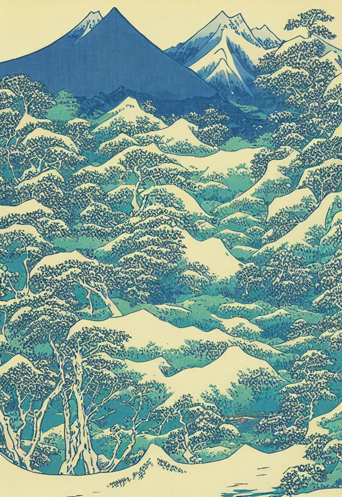 Image similar to Swiss alps valley in the summer, woodblock art by Hokusai