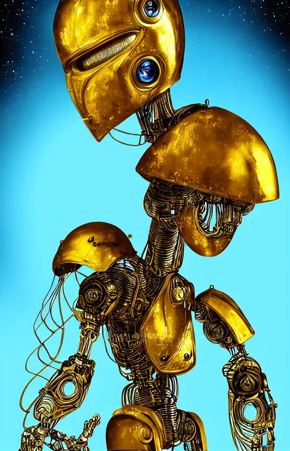 Image similar to portrait of a robot humanoid alien with golden armature and medieval helmet. Galactic iridescent background in the style of Tim white and moebius