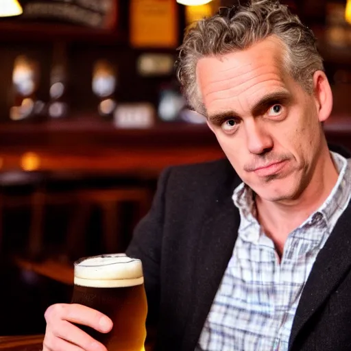 Prompt: jordan peterson drinking a delicious pint in a english - style pub, warm lighting, cozy, inviting