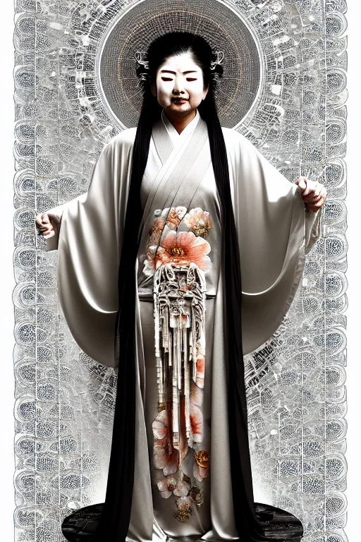 Image similar to full body portrait of guanyin in intricate milky reflective silk hanfu, symmetrical design, craig mullins, hr giger, sadan vague, artstation, baroque, highly detailed, 4 k post - processing, 8 k resolution