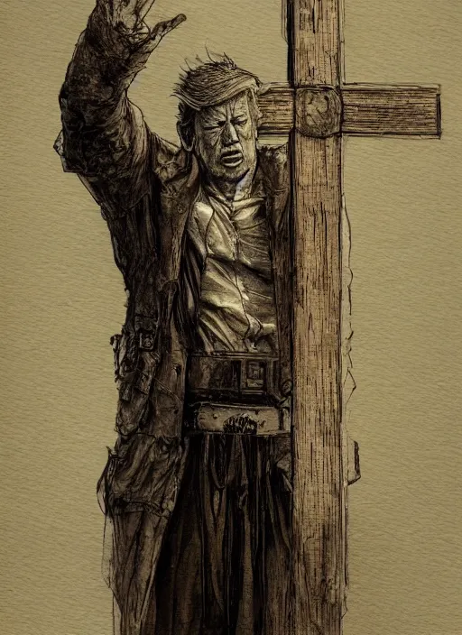 Image similar to portrait, Trump on a cross, watercolor, dramatic lighting, cinematic, establishing shot, extremely high detail, foto realistic, cinematic lighting, pen and ink, intricate line drawings, by Yoshitaka Amano, Ruan Jia, Kentaro Miura, Artgerm, post processed, concept art, artstation, matte painting, style by eddie mendoza, raphael lacoste, alex ross