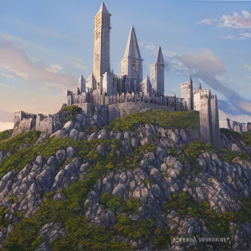 Prompt: A wide shot of Minas Tirith at golden hour, extra detailed, oil painting