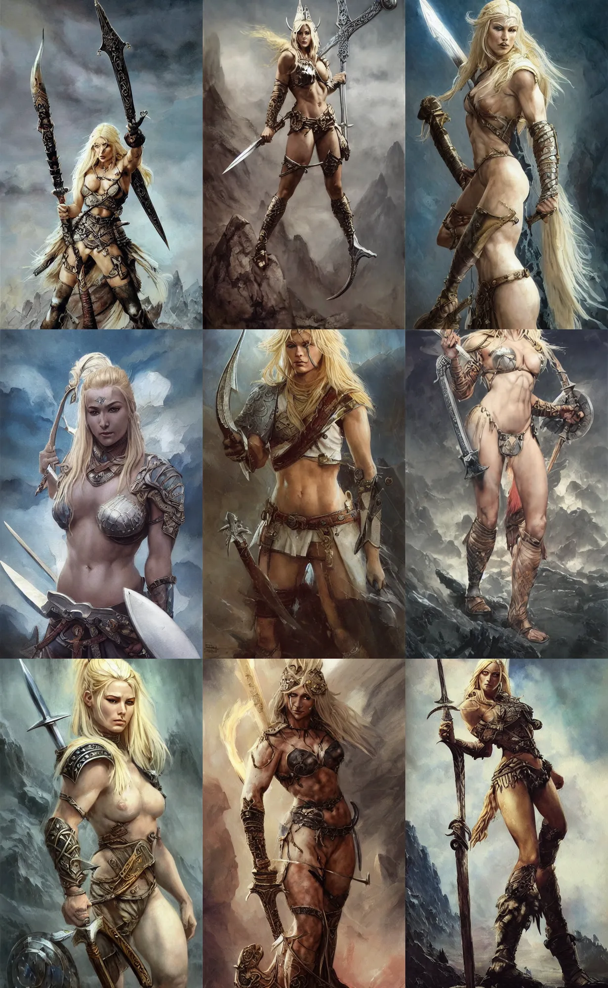 Image similar to A mixed media painting of the beautiful blonde viking goddess of war with a lightning sword, very aesthetic, detailed face, by Frank Frazetta, Greg Rutkowski, Boris Vallejo, Beeple, Christian MacNevin, epic fantasy character art, goddess of anger, viking runes, high fantasy, CGsociety, full length, exquisite detail, post-processing, low angle, masterpiece, cinematic, odin's stone arena background