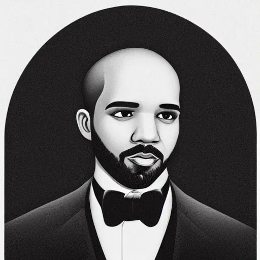 Prompt: monochrome head portrait of drake wearing a black suit and a monocle with a serious expression on his face, black background, 8 k, very intricate, very detailed,