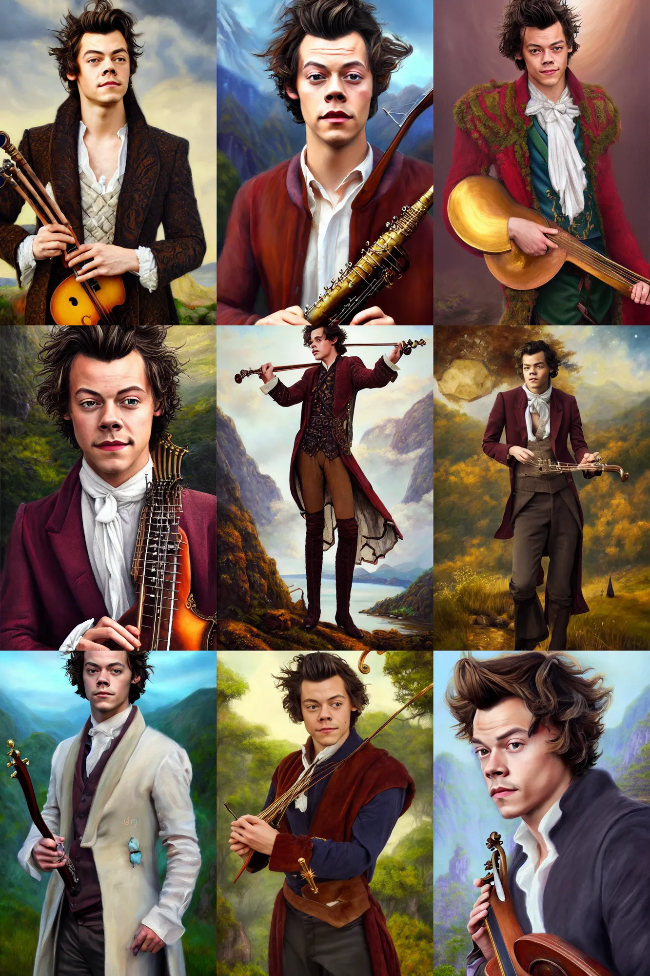 Image similar to a full body high detail fantasy portrait oil painting illustration of harry styles as elegant male bard by justin sweet with face and body clearly visible, in a scenic background, pupils visible, realistic proportions, d & d, rpg, forgotten realms, artstation trending, high quality, sombre mood, artstation trending, muted colours, entire person visible!