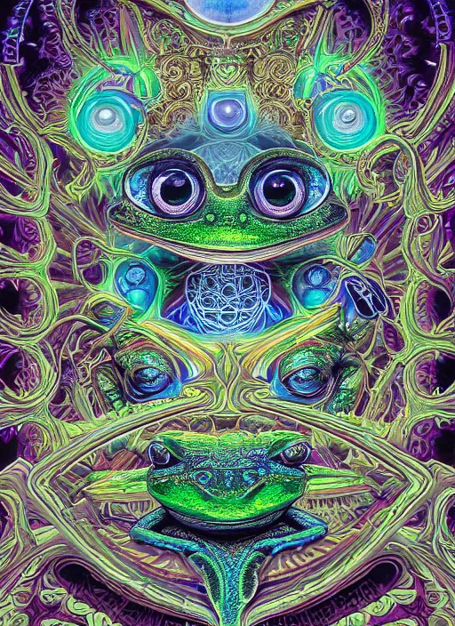 Prompt: a intricate ornate psychedelic image of a frog with a glowing third eye, digital art by artgerm, alex grey, dan mumford, felix kelly, psychedelic art, psychedelic, fractalism, fractals, sacred geometry, trending on artstation, hyper - realism, highly detailed, cgsociety, octane render, raytracing, 3 d