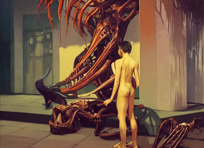 Prompt: a deity meeting a poor beggar on the streets of london edward hopper and james gilleard, zdzislaw beksinski, by greg rutkowski, exotic vegetation, tristan eaton, victo ngai, vibrant red background, whale skeleton, a still from the film alien, hyperrealism