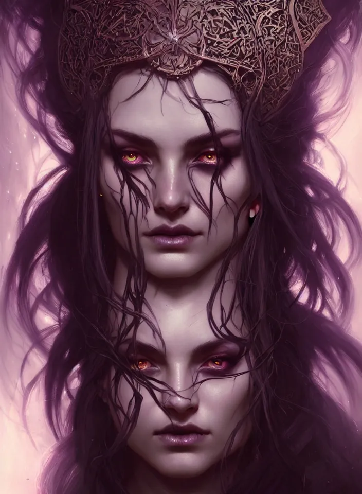 Image similar to Necromancer Sorceress face close-up in center, fantasy magic, undercut hairstyle, dark light night, intricate, elegant, sharp focus, illustration, highly detailed, digital painting, concept art, matte, art by WLOP and Artgerm and Greg Rutkowski and Alphonse Mucha, masterpiece