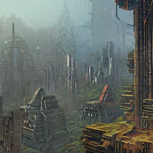 Image similar to mayan cyberpunk city in the center of redwood forest, viewed from a distance, shadow of the colossus screenshot by j. c. leyendecker, simon stalenhag, studio ghibli, and beksinski