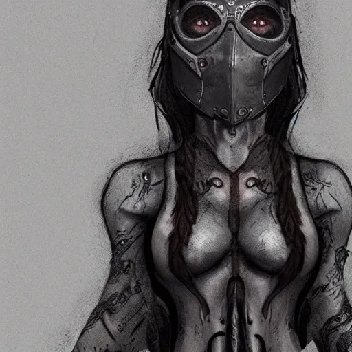 Image similar to Hot young woman, grey skin, tattoos, wearing leather and cuddling a humanoid in shroud and mask concept art