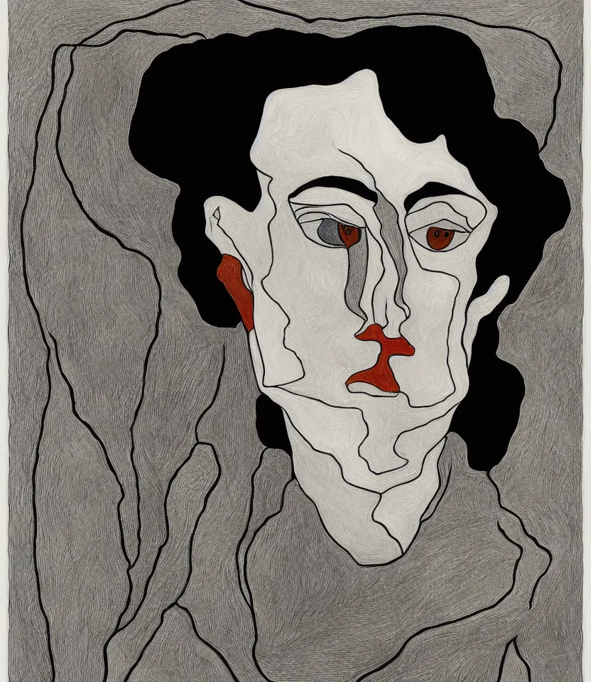 Prompt: detailed line art portrait of georgia o'keeffe, inspired by egon schiele. caricatural, minimalist, bold contour lines, musicality, soft twirls curls and curves, confident personality, raw emotion