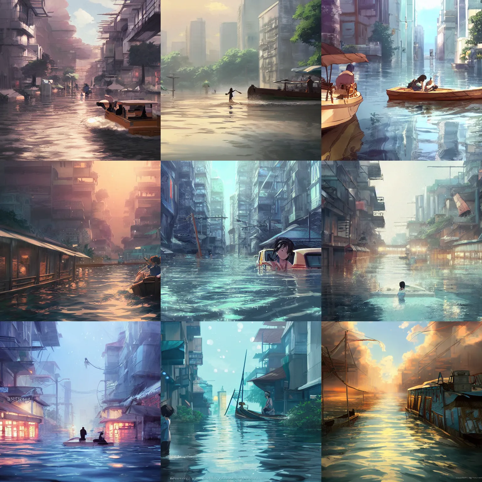 Prompt: flooded dense city, riding on a wooden boat, Makoto Shinkai, anime, trending on ArtStation, digital art