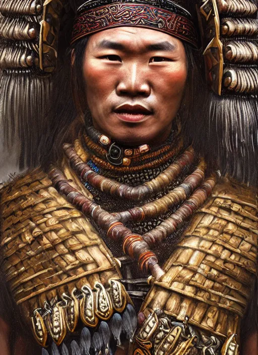 Prompt: tai warlord closeup portrait, historical, ethnic group, traditional tai costume, bronze headset, leather armor, fantasy, intricate with big agate beads and dong son bronze artifacts cross onbare chest, elegant, loin cloth, highly detailed oil painting