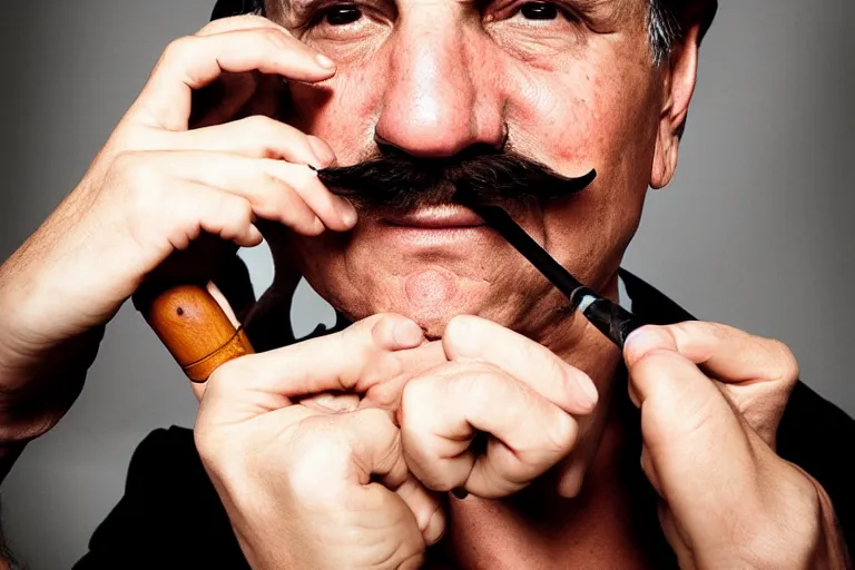 Image similar to mario testino photography, a male portrait, black hair, moustache, smoking a pipe