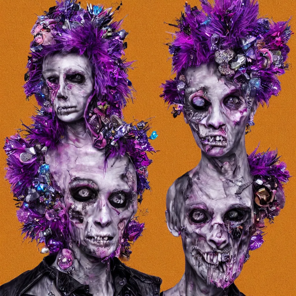 Image similar to a portrait of a punk rock zombie, purple mohawk, head made out of crystals, large fruit and flowers, Baroque, art by Arcimboldo, hyperrealism, elegant, digital painting, artstation, neon orange background