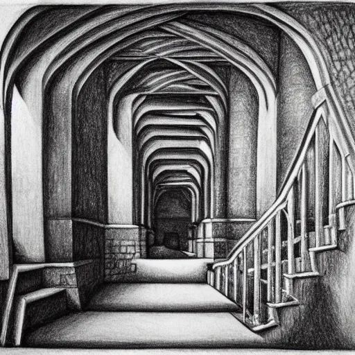 Prompt: pencil drawing, medieval building with stairs, stairs left, stairs right, stairs on the ceiling, in style of mc escher