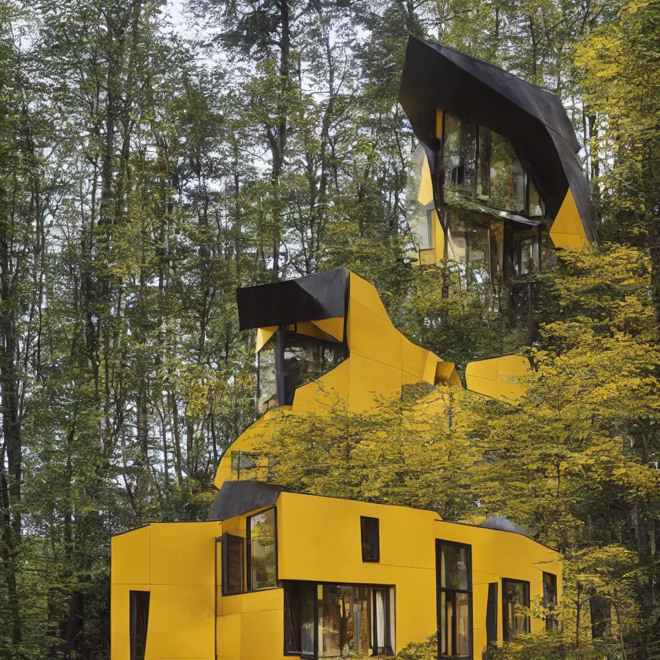 Image similar to a tiny flat horizontal house in the black forest, designed by Frank Gehry. Big tiles. Small wooden pathway . Film grain, cinematic, yellow hue