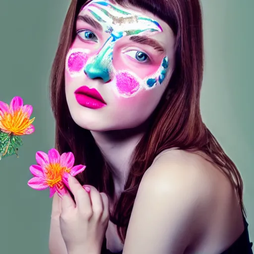 Image similar to hyper realistic good proportions beautiful young woman girls face fashion model with pastel colored flowers, geometric festival face paint, art fashion photography, smooth, elegant