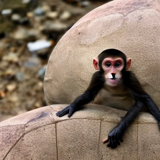 Image similar to a monkey sitting on the back of a turtle