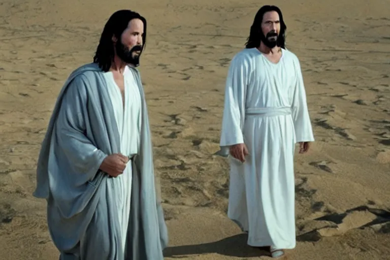 Image similar to promotional image of Keanu Reeves as Jesus Christ in the new movie directed by Christopher Nolan, wearing robes and holding a book, walking through the desert, movie still, promotional image, imax 70 mm footage