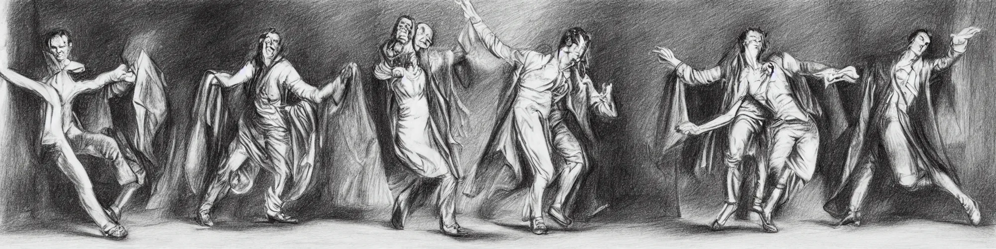 Prompt: frankenstein and his bride doing the silly walk in the ministry of silly walks, motion study, pencil drawing, very detailed, very silly