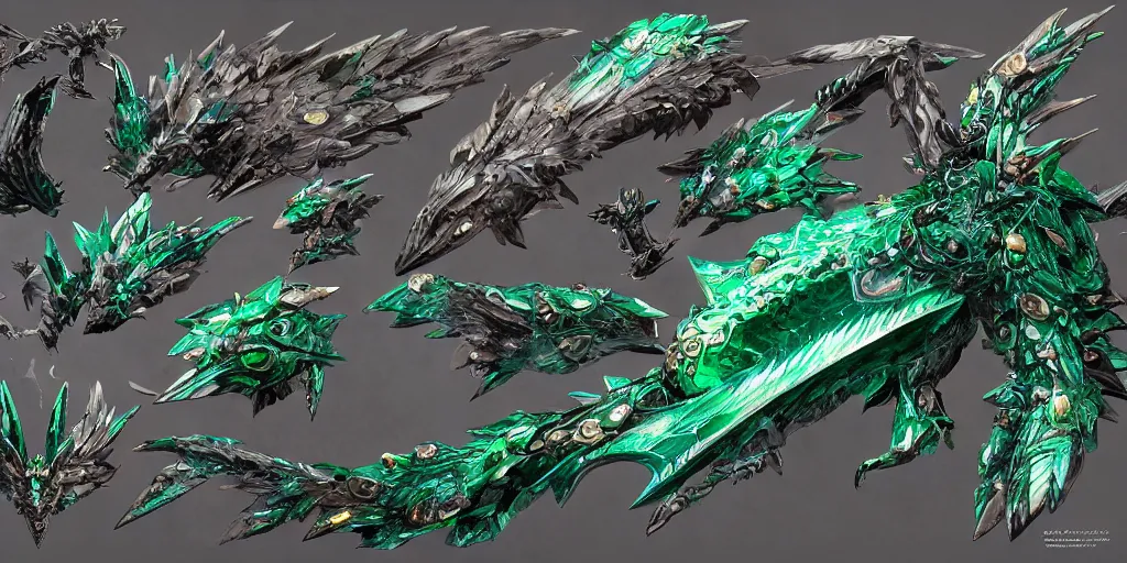 Image similar to Emerald four legged crystal bat, character design sheet, Monster Hunter Illustrations art book, big claws, sharp fangs, huge wings, long tail, iridescent scale patterns, cluster of crystals as spikes on its back, Moebius, Greg Rutkowski, Zabrocki, Karlkka, Jayison Devadas, Phuoc Quan, trending on Artstation, 8K, ultra wide angle, zenith view, pincushion lens effect.