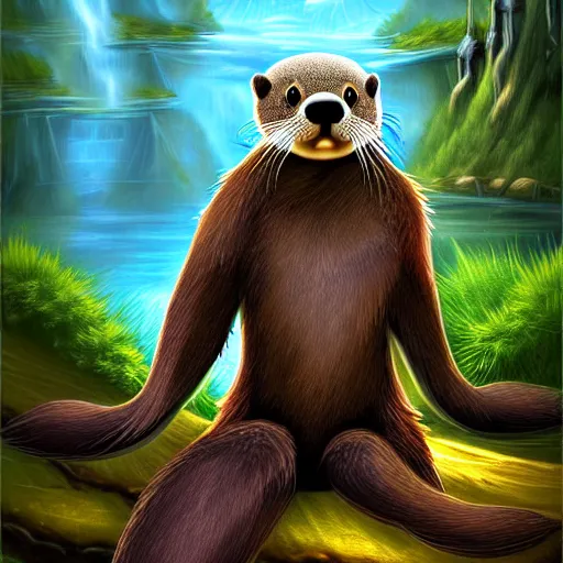 Image similar to furry otter warrior, fantasy art, lightweight armour, near the river, waterfall, digital art, high quality