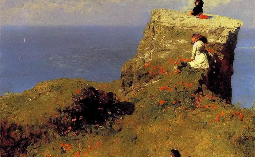 Image similar to high quality high detail painting by ilya repin, hanging from the edge of the cliff, hd