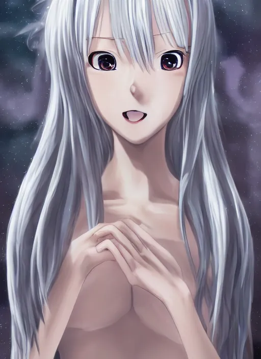 Image similar to thin young anime girl with silver hair, pale and wan!, wearing robes, anime manga goddess, flowing hair, pale skin, young cute face, covered!!, clothed!, 4 k resolution, aesthetic!,