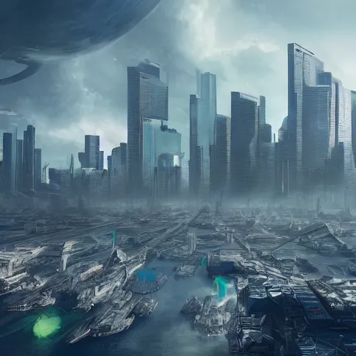Image similar to Rotterdam during an alien invasion, hyperdetailed, artstation, cgsociety, 8k