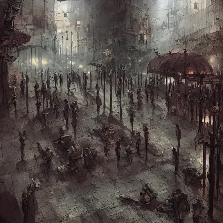 Prompt: the souls of dead soldiers waiting in a lone bus stop in quiet dark city, by marc simonetti