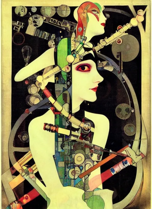 Image similar to cute punk goth fashion fractal alien martian girl wearing kimono made of circuits and leds, surreal Dada collage by Man Ray Kurt Schwitters Hannah Höch Alphonse Mucha