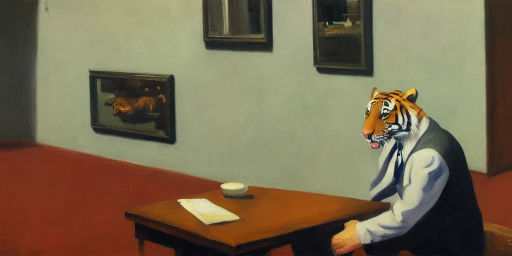 Image similar to a tiger in a suit, oil painting, by edward hopper