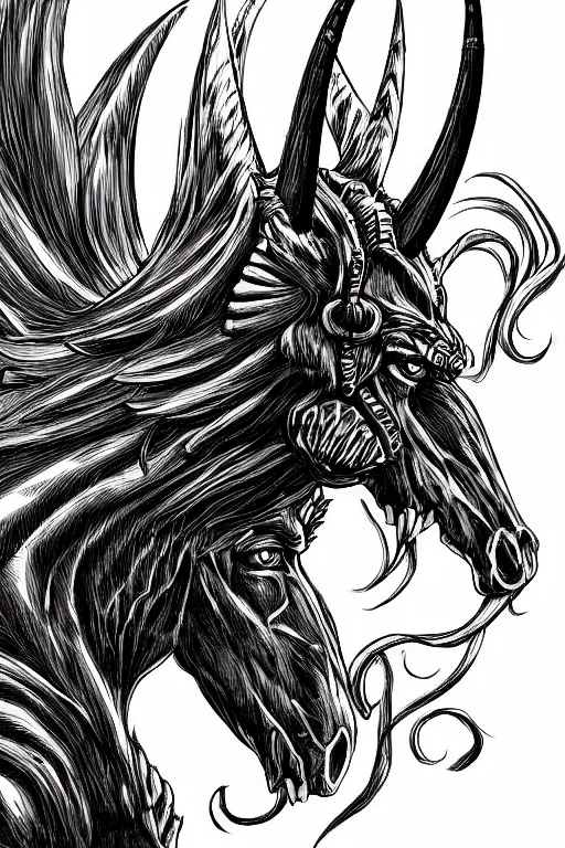 Image similar to demon horse with a horn, symmetrical, highly detailed, digital art, sharp focus, trending on art station, kentaro miura manga art style