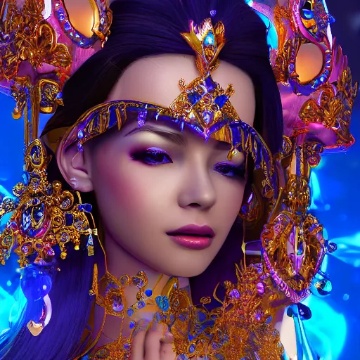 Image similar to photo of wonderful princess of sapphire with fair skin, she has her eyes closed, glowing, ornate and intricate blue jewelry, jaw dropping beauty, eyepopping colors, dynamic lighting, glowing background lighting, blue accent lighting, photorealistic, hyper detailed, award winning photography, 4 k octane render