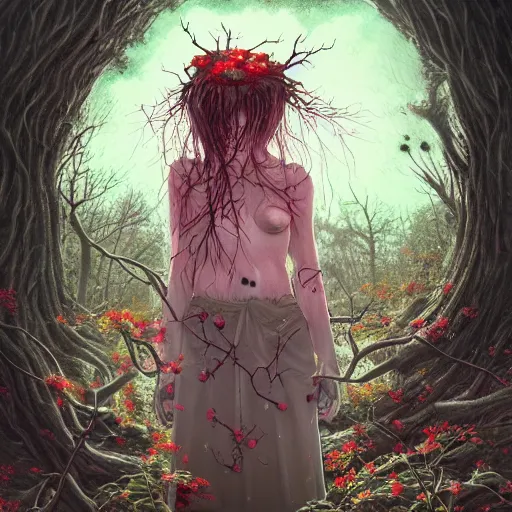 Image similar to a nature portrait of a p - zombie!!! lots of leaves and roots and cherry blossoms. natural lighting art dawn. highly detailed. colourful. moody. artstation, 4 k, horror, by gerald brom and ansel adams and studio ghibli, horror!!!, sakura flowers, lovely