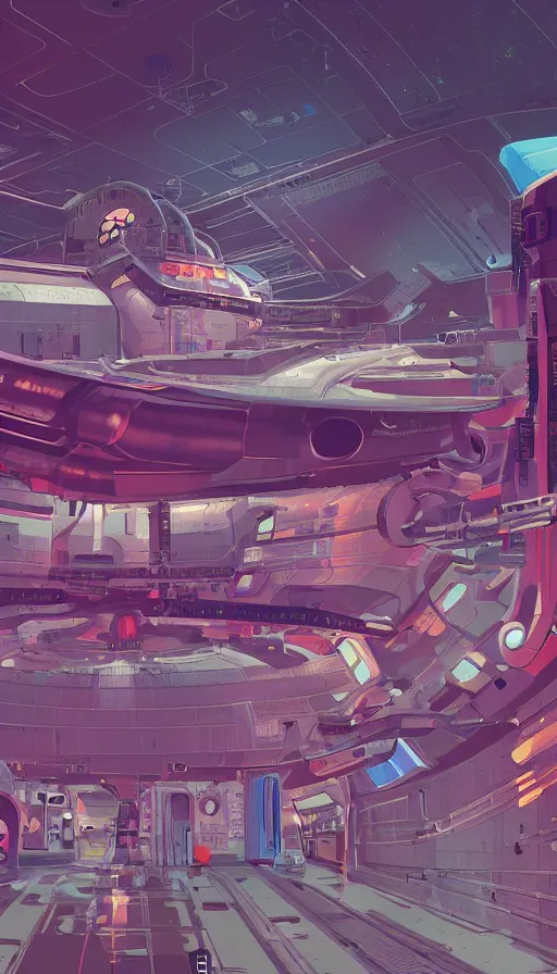 Prompt: spaceship factory inside a space station, sharp focus, james gilleard, moebius, print, risograph, cinematic, game art