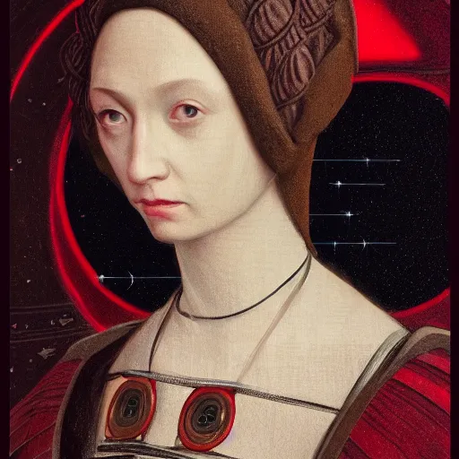 Prompt: portrait of a woman, small red eyes, unknown species, renaissance style, star wars character, volumetric lights, symmetry, headpiece, trending on artstation, sharp focus, leica, studio photo, intricate details, highly detailed