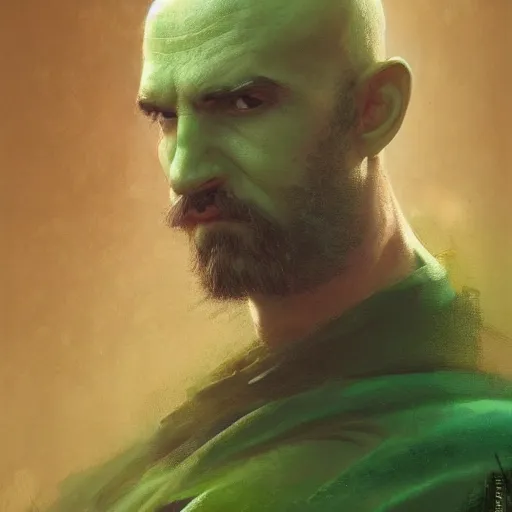 Image similar to well - groomed green - skinned bard, goatee, bald, thoughtful expression, gong, fantasy character portrait by greg rutkowski, gaston bussiere, craig mullins