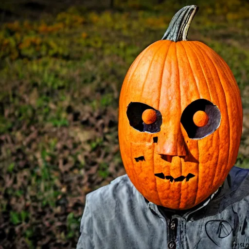 Prompt: pumpkin headed man with smoking eyes, rule of thirds.